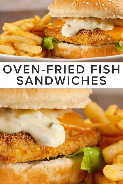 Healthier and far better tasing than their fast-food counterparts, these oven-fried fish sandwiches only take about a half-hour to make. Fish Fillet Sandwich, Fish Sandwich Recipes, Oven Fried Fish, Fish Sandwiches, Crispy Fish, Recipe Using Chicken, Oven Fried, Fish Sandwich, Healthy Fish