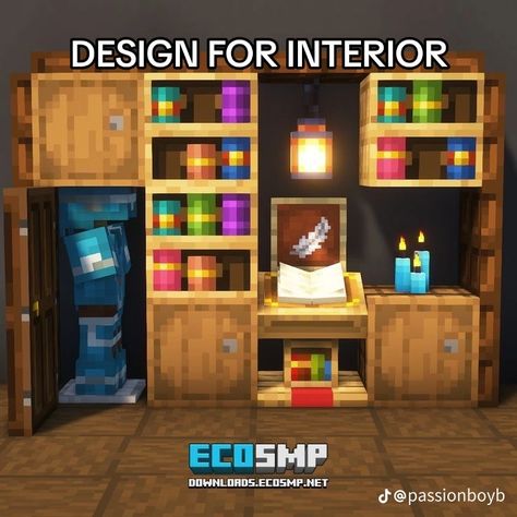 Minecraft Armor Display Ideas, Minecraft Small Interior Design, Minecraft Crafting Station, Map Room Minecraft, Armor Room Minecraft, Minecraft Armory Room, Living Room Minecraft, Minecraft Storage Room, Minecraft Storage