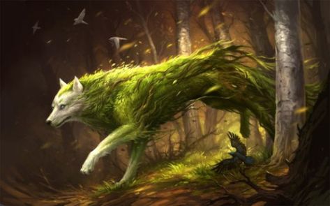 In the Dungeons & Dragons fantasy roleplaying game, the cooshee is a magical beast. Also known as the "elven-dog", they are a magical breed of canines bred and kept by elves (specifically wood elves). Plant Spirit, Beast Creature, Fantasy Wolf, Anime Wolf, Mythical Creatures Art, A Wolf, Mythological Creatures, Wolf Art, Mystical Creatures