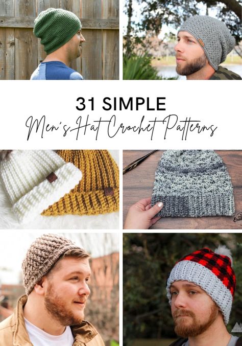 31 Simple Men’s Hat Crochet Patterns - Stitch11 Beanie Crochet Pattern Free Mens, Men Crochet Hat Free Pattern, Crochet Hats For Men Free Pattern, Crochet Mens Hat Pattern Free, Crochet Hats For Men, Hats For Guys, Crochet Mens Hat Pattern, Chunky Beanie Crochet Pattern, Hat Crochet Patterns