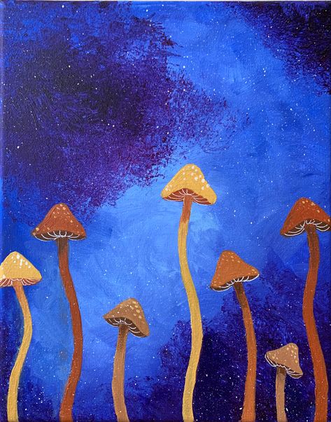 Space Mushroom Painting, Small Mushroom Painting, Simple Mushroom Painting, Mushroom Painting Ideas, Painting Mushrooms, Art Mushrooms, Fantastic Fungi, Bedroom Paintings, Canvas Painting Projects