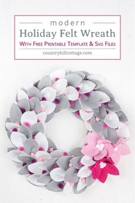 See how to make a festive DIY Christmas felt wreath! Creating your own homemade Christmas wreath with felt is super easy and fun. The simple tutorial includes modern winter farmhouse white grey and traditional red green holiday wreath ideas to fit any style of home decor. This handmade holiday felt craft comes with free printable pattern templates and SVG files for Cricut. Make sizes mini, small or large. #Christmaswreath #holidaywreath #feltwreath #felt #christmascraft | countryhillcottage.com Holiday Wreath Ideas, Holiday Wreaths Diy Christmas, Felt Poinsettia, Homemade Christmas Wreaths, Paper Wreaths, Hoop Wreaths, Winter Farmhouse, Holiday Wreaths Diy, Felt Flowers Diy