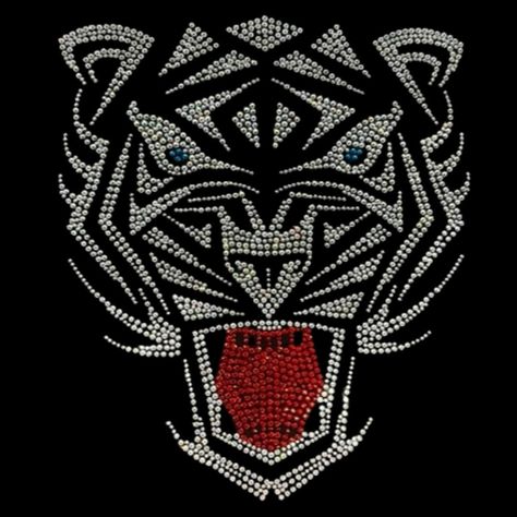 "Crystal Tiger Iron-On Rhinestone Transfer Design This is a rhinestone heat transfer Iron-on design with a brilliant red touch that can be applied to shirts or the garment of your preference. * Measurements 10\" x 9\" Preheat iron to cotton setting (about 320-340 degrees). Place transfer face down on a flat surface and carefully lift the backing from the design. If any stones have shifted out of place, carefully put them back into place using tweezers. Place the transfer, stone side down, onto t Tiger Applique, Rhinestone Transfers Design, Rhinestone Heat Transfer, Clear Plastic Sheets, Tiger Iron, Patch Applique, Wild Tiger, Heat Transfer Design, Tiger Design