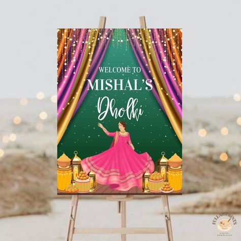 Welcome your guests with this Dholki Welcome Sign that features a Hand drawn image of a bride! Head over to FullahPrints on Etsy for more! Dholki Sign, Wedding Signage Template, Bride Mehndi, Mehndi Night, Beach Instagram Pictures, Curtain Lights, Wedding Signage, Printed Invitations, Green And Pink