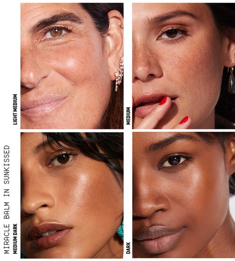 Miracle Balm in Sunkissed, on four skin tones: light medium—dark skin tones. Jones Road Miracle Balm, Makeup For Brown Skin, Blush Tips, Miracle Balm, Credo Beauty, Cushion Makeup, Brown Skin Makeup, Best Eyeshadow, Skin Tissue