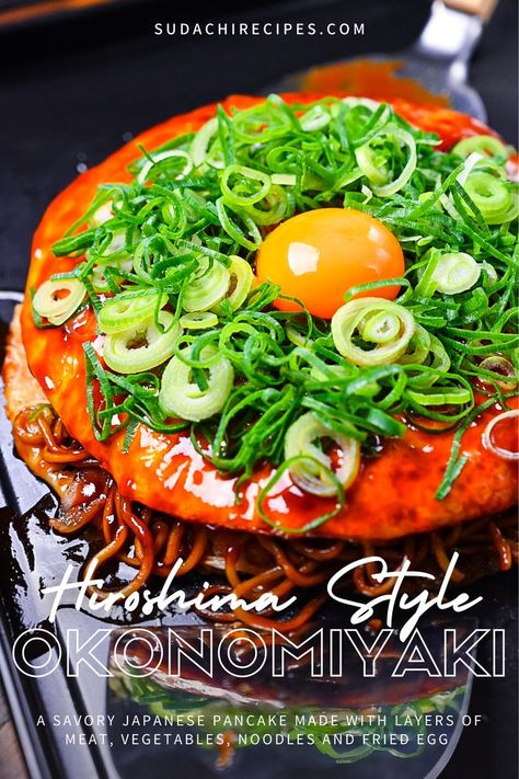 Hiroshima style okonomiyaki (Japanese savory pancake) topped with chopped spring onion and an egg yolk Hiroshima Okonomiyaki, Snacks Asian, Okonomiyaki Recipe, Japanese Street Food Recipes, Asian Noodle Dishes, Recipe Japanese, Pork Belly Slices, Japanese Food Recipes, Japanese Bread