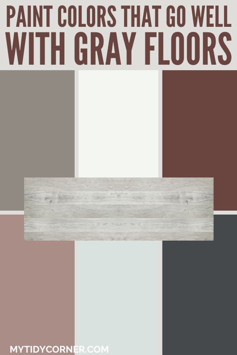 Collage of the top paint colors that match gray floors. Wall Paint For Grey Floors, Wall Colors For Grey Floors, Wall Colors To Match Gray Flooring, Grey Floor Paint, Wall Colors For Gray Floors, Gray Flooring Living Room Colour Schemes, Colors That Compliment Grey, Grey Painted Floor, Laminate Flooring On Walls