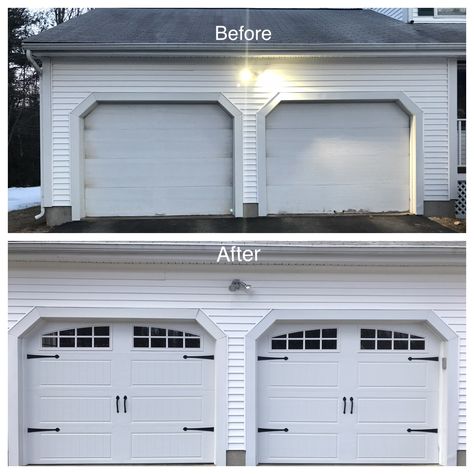 Garage door makeover, before and after! Fiberglass Garage Doors, Garage Door Trim, Garage Door Colors, Carriage House Garage Doors, Garage Door House, Carriage Garage Doors, Garage Door Windows, Garage Pergola, Carriage House Garage