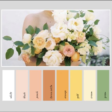 Peach Summer Wedding Colors, Peach And Yellow Wedding Flowers, Apricot Yellow Color Palette, Green Spring Wedding Palette, Sage Pink Yellow Wedding, Peach Pink Yellow Wedding, Yellow Wedding Scheme, Peach Yellow Green Wedding, Pale Orange Wedding Theme