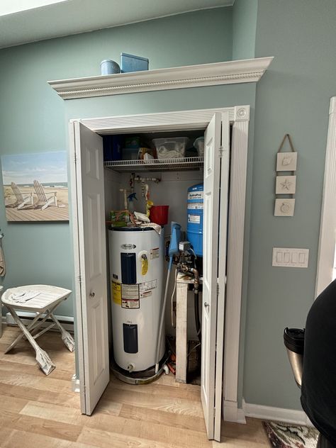 Hot Water Tank Cupboard Storage Ideas, Hide Water Softener, Hot Water Heater Closet, Basement Closet, Chautauqua Lake, Hot Water Tank, Diy Basement, Water Softener, Cupboard Storage