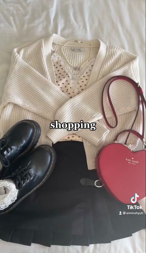 1461 Platform Dr Martens, Kate Spade Purse Outfit, Cute Clothes Ideas, Mini Bas Relief Choker, Red Heart Purse, 1461 Platform, Cream Cardigan Outfit, Black Pleated Skirt Outfit, Vivienne Westwood Mini Bas Relief