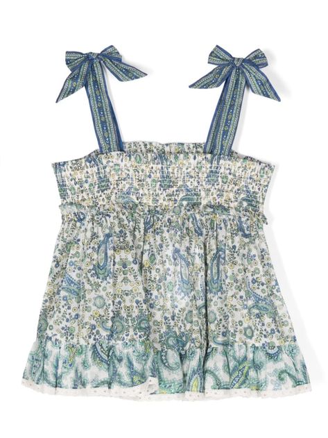 blue/multicolour cotton textured finish all-over floral print square neck sleeveless bow detailing shirring panelling flared hem Obx Summer Outfits, Collage Clothes, Light Blue Clothing, European Vacation Outfits, Flared Blouse, Outfit Store, Flare Blouse, Beachy Style, Dress With Jean Jacket