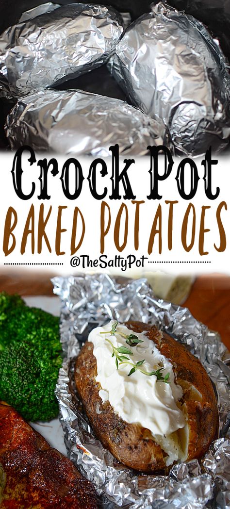 Have you ever made Crock Pot Baked Potatoes before? Let me tell you they are the easiest and most delicious way to get that "baked" potato flavor without ever having to turn on the oven! Baked potatoes in the slow cooker are the easiest side dish ever! Baked Potatoes Slow Cooker, Potato Crockpot, Slow Cooker Baked Potatoes, Potatoes Slow Cooker, Crock Pot Baked Potatoes, Weight Watcher Desserts, Potatoes Baked, Slow Cooker Baking, Crock Pot Potatoes