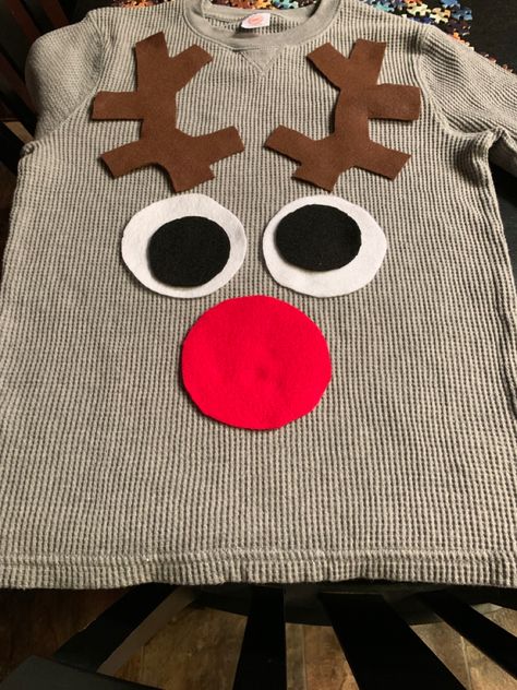 Rudolph Day At School Outfit, Rudolph Dress Up Day At School, Tacky Sweater Ideas For Kids, Kids Christmas Sweater Diy, Ugly Christmas Shirts Diy, Diy Kids Ugly Sweater, Diy Kids Christmas Sweater, Toddler Ugly Christmas Sweater Diy, Candy Cane Day At School Outfits