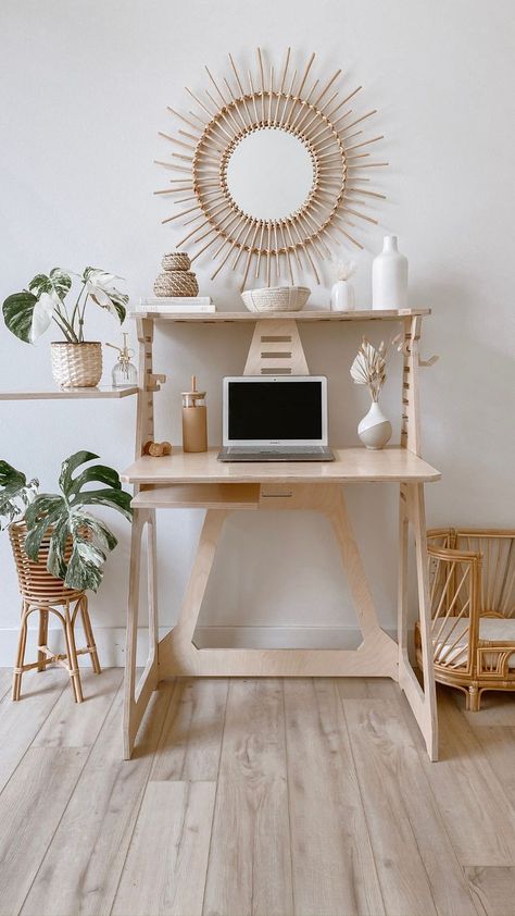 A wooden work from home desk with shelves. A home office set up. Apartment Desk Ideas, Unique Desk Ideas, Home Desks, Dream Home Office, Apartment Desk, Small Standing Desk, Wfh Desk, Create A Home Office, Office Design Trends