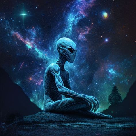 Alien Meditating, Rave Aesthetic Wallpaper, Extraterrestrial Art, Alien Pictures, Rave Aesthetic, Ufo Art, Alien Artwork, Energy Meditation, Alien Aesthetic