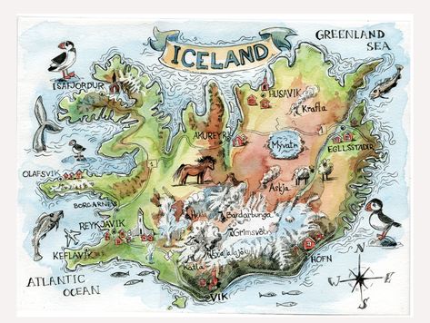 Iceland map by Olga Gerasina Iceland Map Illustration, Iceland Map, Learn Calligraphy, Map Wallpaper, Relief Map, Watercolor Map, Fantasy Map, Learning Design, Pen And Watercolor