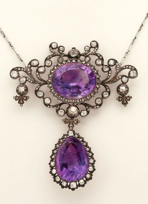 An antique amethyst and diamond pendant necklace, circa 1890. Gold Elegant Necklace, Detachable Pendant, Purple Love, Acanthus Leaf, Elegant Necklace, Amethyst Jewelry, Elegant Necklaces, Diamond Pendant Necklace, Rose Cut Diamond