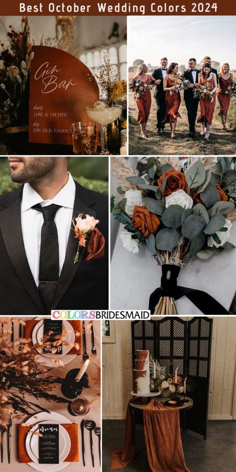 Wedding Bouquets With Black, Rust Wedding Bouquets, White And Rust Wedding, Black Groom And Groomsmen, Rust Wedding Cake, Bridesmaid Dresses Rust, Copper Wedding Theme, October Wedding Colors, Top Wedding Colors