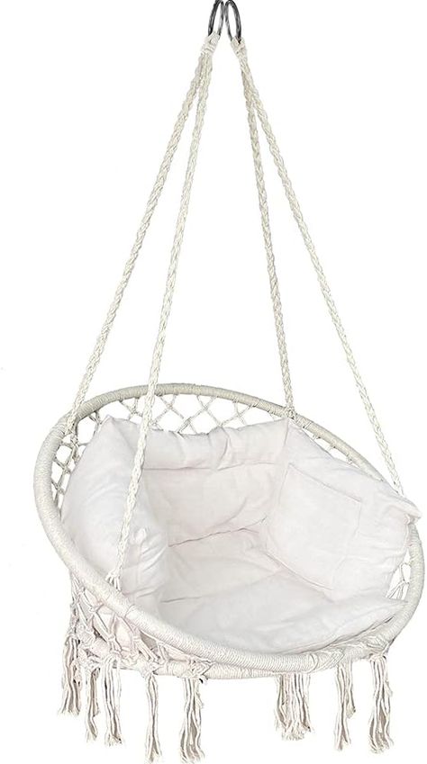 VOUNOT Hanging Chair with Cushion, Macrame Hammock Swing Chair for Balcony, Patio, Garden, Outdoor, 265LBS Capacity, Beige Chair For Balcony, Hanging Rope Chair, Macrame Hammock Chair, Macrame Hammock, Macrame Swing, Hammock Stands, Balcony Patio, Hanging Egg Chair, Balcony Furniture