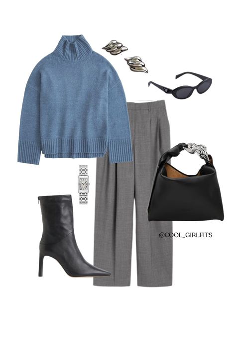 Grey pleated wide leg pants - blue turtle neck - black leather boots - black bag wigh silver statment hardware - simple sleek black sunglasses - silver watch and silver earrings Boots With Wide Leg Pants, Wide Leg Office Pants, Leather Wide Leg Pants, Pleated Wide Leg Pants, Blue Turtle, Winter Office, Sunglasses Silver, Office Look, Girl Fits