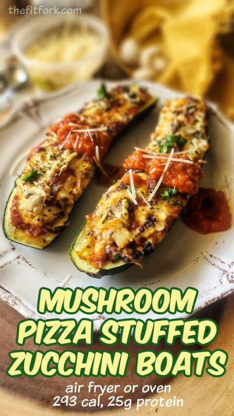 Mushroom Pizza Stuffed Zucchini Boats | thefitfork.com Mushroom Zucchini, Stuffed Zucchini Boats, Mushroom Pizza, Stuffed Zucchini, Zucchini Boats, Sliced Mushrooms, Zucchini Recipes, Shredded Mozzarella, Whole 30 Recipes