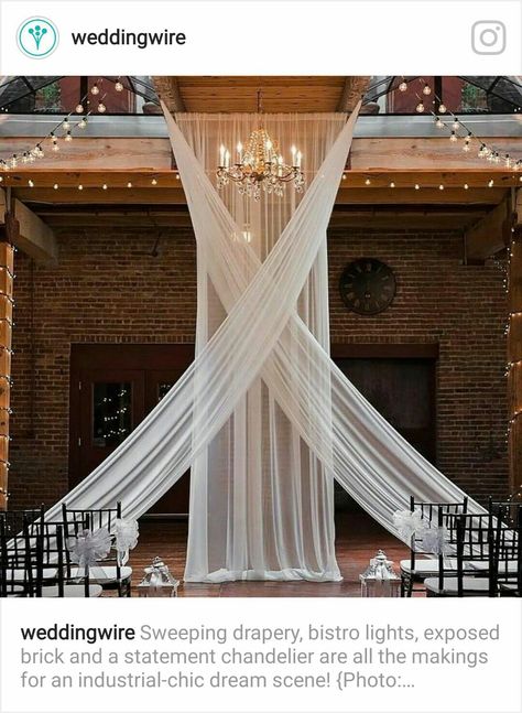 Rustic Church Wedding, Alter Decorations, Wedding Draping, Decorations Lights, Statement Chandelier, Wedding Alters, Tafel Decor, Bistro Lights, Statement Chandeliers