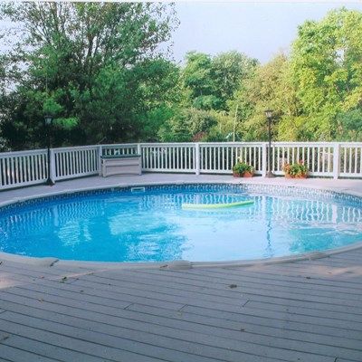 This is a full pool deck extending all the way around the entire pool with cedar rails and trex floor. Swimming Pools Backyard Inground, Pool Deck Furniture, Deck Above Ground Pool, Pool Deck Decorations, Decks Around Pools, Pool Makeover, Composite Decks, Deck Renovation, Above Ground Pool Deck