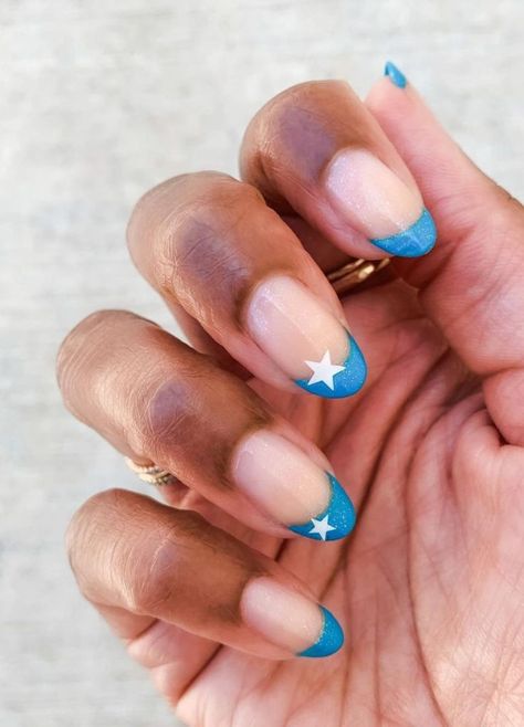 July French Tip Nails, Nails With Jewels, Colorful French Tip Nails, Almond French Tip Nails, Almond French Tip, Navy Nail Polish, American Flag Nails, Firework Nail Art, 4th Of July Nail