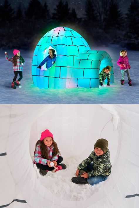 This winter, use this giant inflatable igloo to seek shelter from a devastating attack of incoming snowballs or just simply hang out in it on a lazy snow day. Diy Igloo Indoor, Diy Igloo, Snow Fort, Giant Inflatable, Snow Day, Snow Globes, Hanging Out, Toys Games, Toys