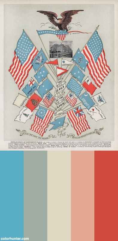 The Flags Of The Union (1901), A Vibrantly Colored Illustration Of Various Usa Flags And A Bald Eagle Perched On Top. Digitally Enhanced From The Original Plate. Color Scheme from colorhunter.com Vintage Americana Color Palette, Fourth Of July Color Palette, Usa Color Palette, 4th Of July Color Palette, Patriotic Color Palette, America Color Palette, Americana Color Palette, Western Color Palette, Old American Flag