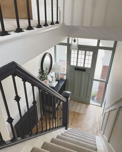 Jamie 🖤(rigby.residence) on Instagram: "TRANSFORMATION TUESDAY 🖤 Not the long awaited kitchen reveal folks (getting serious fear about finally posting this, I’ve left it too long and I’m scared it’ll be an anticlimax 🤣), but instead I have for you this evening our stairway/hall renovation! Probably the most time consuming one of all but oh so worth it. It’s quite amazing what a little stair stripping, parquet floor restoring, fresh plastering, panelling, iron balustrades, a custom built door, Staircase Bannister, Hallway Stairs And Landing, Entrance Hall Decor, Stairs Renovation, Stair Makeover, Parquet Floor, Stairs Makeover, House Staircase, Hallway Inspiration