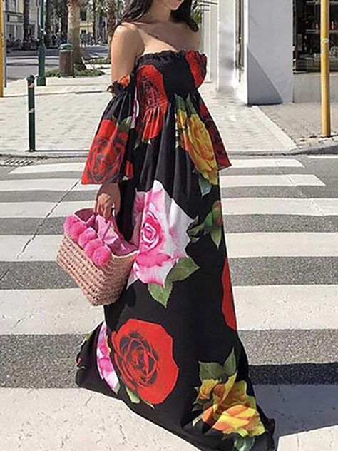 White Floor Length Dress, Poppy Print Dress, Black Floor Length Dress, Bohemian Beach Dress, Neck Flower, Black Poppy, Loose Maxi Dress, Moda Chic, Poppy Print