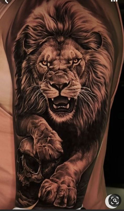 Realistic Animal Tattoo Design, Lion Arm Tattoo Men Sleeve, Roaring Lion Tattoos For Men, Best Lion Tattoos Men, Cross Tattoo Back Of Neck, Lion Cross Tattoo, Lion Warrior Tattoo, Realistic Animal Tattoos, Lion Tattoo Men