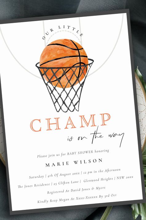 Cute Rust Our Little Champ Basketball Baby Shower Invitation Basketball Theme Baby Shower, Baby Shower Lunch, Basketball Invitations, Basketball Baby Shower, Sports Baby Shower, Basketball Baby, Basketball Theme, Baby Shower Cards, Trendy Baby