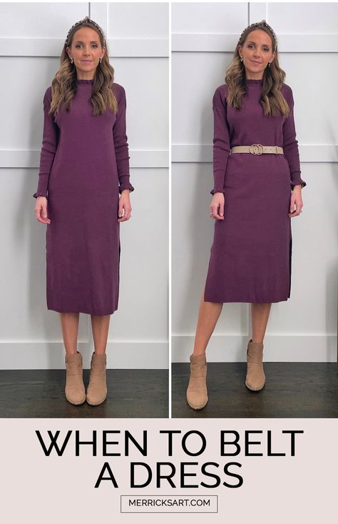 When to Belt a Dress - Merrick's Art Belt Sweater Dress, Long Straight Dress Outfit, Belt With Sweater Dress, Midi Skirt Belt Outfit, Sweater Dress With Belt Outfit, Belted Sweater Dress, Belt For Dress Ideas, Dress With Belt Outfit Classy, How To Wear A Belt With A Dress