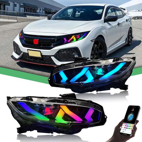 PRICES MAY VARY. 【Compatible Models】RGB LED Headlights Assembly Compatible with 10th Honda Civic2016/2017/2018/2019/2020/2021 Sedan, Hatchback, Coupe.If you can’t confirm, please send us pics of your plug and car. 【Full LED Headlights】 Our LED Front Lights are More Brighter than the Original One, You Can Be Seen More Clearly When You Drive at Night, Which increases you and Your Family Driving Safety. And there was no Extra Bulbs Needed. 【Dynamic Turning Light 】 The Dynamic Sequential Turning Sig Honda Civic 2016, Civic Hatchback, Driving Safety, Headlight Assembly, Cool Inventions, Led Headlights, Rgb Led, Turn Signal, Honda Civic