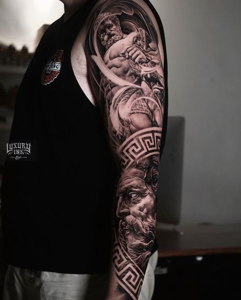 FULLARM SLEEVE GREEK MYTHOLOGY TATTOO DONE USING @eztattooing @cheyenne_tattooequipment @radiantcolorsink @balmtattooindo 💥DM US FOR BOOKING💥 ▪️WORLD FAMOUS ARTISTS ▪️CUSTOM DESIGNS ▪️AWARD WINNING ARTISTS & STUDIOS ▪️SPONSORED BY THE BEST TATTOO BRANDS ▪️VEGAN INK ▪️INTERNATIONAL HYGIENE STANDARDS ▪️3 LOCATIONS FB/INSTA - @luxuryinkbali @luxuryinkjakarta @luxuryinkcanggu 📲 WA : +6281353701800 ⚜️TATTOO IS FOREVER, BOOK WITH US TODAY FOR THE BEST QUALITY⚜️ #Luxuryinkbali #tattoo... Sleeve Greek Mythology, Greek Mythology Sleeve Tattoo, Greek Mythology Sleeve, Greek Mythology Tattoos Sleeve, Koi Tattoo Sleeve, Greek God Tattoo, God Tattoo, Artists Studios, Greek Mythology Tattoos