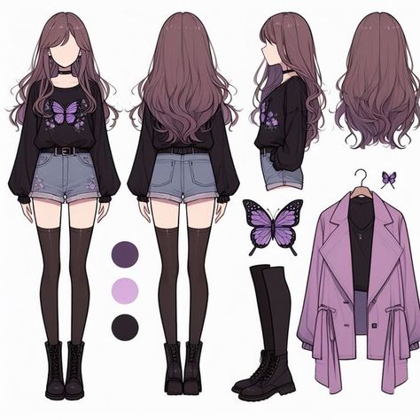 Full Body Outfit Drawing, Shrug Drawing Reference, Anime Outfit Drawing, Clothing Design Sketches, Drawing Anime Clothes, Dress Design Sketches, Purple Outfits, Fashion Design Drawings, Drawing Clothes