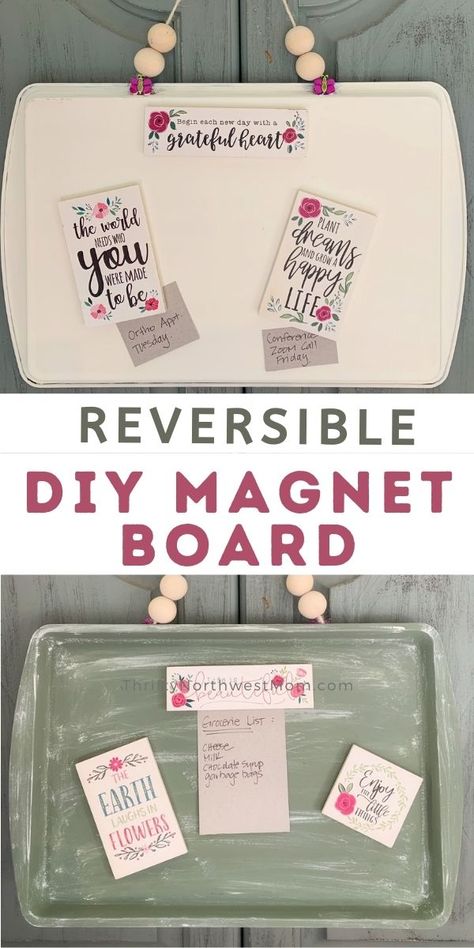 How to make a diy magnet board from a Dollar Store Cookie Sheet Tin Cute Magnet Board Ideas, Cookie Sheet Magnet Board, Repurpose Decor, Cookie Sheet Crafts, Diy Magnet Board, Diy Magnets, Magnetic Boards, Aluminum Crafts, Cookie Sheets