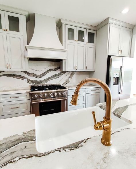 Johnson Granite, Inc. on Instagram: “An absolute showstopper. 😍 Beautiful colors, design, and countertops make for a breathtaking kitchen! - - - - - - #Cambria…” Skara Brae Cambria Quartz, Cambria Quartz Countertops Colors, Cambria Skara Brae, Skara Brae, Cambria Quartz Countertops, Cambria Quartz, Marble Quartz, Quartz Kitchen, Marble Granite