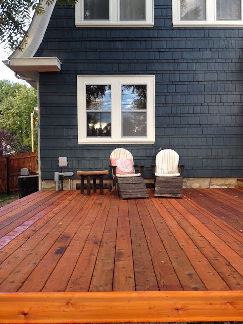 Cedar deck: Penofin Blue Label in Sierra Deck Stain Ideas For Blue House, Deck Stain Blue House, Deck Colors For Dark Blue House, Blue House With Front Porch, Blue House With Deck, Deck Colors For Blue House, Dark Blue House Exterior With Wood, Deck Colours, Porch With Pergola