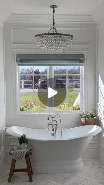 Tricia Crist on Instagram: "Enjoying our last days before the cold sets in and our plants don’t look so happy!  We don’t have neighbors behind us, so I love having a large window behind the bath tub!  I’m also still so happy with our freestanding tub!  I’m 5’1.5” and we wanted a 72” tub.  However they all were huge inside!  I found this one that has a smaller inside with very slanted sides for comfort!  *Are you a bath person or shower only?  ~Our area for our freestanding tub is basically 6’ 8”.  ~Our tub is 72”. ~paint is Chantilly Lace by BM   ✨To shop this space click the link in my bio!  Then click on my LTK. And look for the reel or post for the items you want to shop!  • • #newhomebuild new home build #newhomeideas new home ideas #bathrooms #bathroomdesign bathroom design #showerdes Stand Alone Bath Tub, New Home Ideas, New Home Build, Bathroom Details, Small Bathroom Renovation, Construction Ideas, Cottage Bathroom, Italian Interior, Large Window