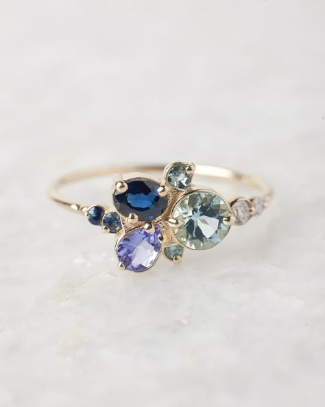 Blue Sapphire And Aquamarine Ring, Asymmetrical Ring, Water Ring, Family Ring, Baguette Diamond Rings, Crystal Water, Aquamarine Engagement Ring, Gold Diamond Wedding Band, Cluster Rings