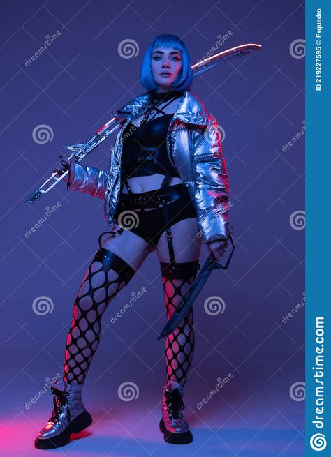 Cyberpunk Woman with Sword in Silver Jacket Stock Image - Image of indoors, katana: 219227595 Cyberpunk Women, Cyberpunk Costume, Cyberpunk Jacket, Cyberpunk Outfit, Silver Jacket, Knight Art, Cyberpunk Style, Drawing Poses, Cyberpunk