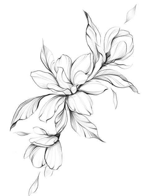 Floral Tattoo Design Drawings, I Will Tattoo, Tattoos Elegant, Will Tattoo, Abstract Flower Tattoos, Magnolia Tattoo, Flower Tattoo Drawings, Flower Line Drawings, Floral Tattoo Design