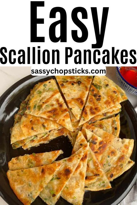 These scallion pancakes, with a crispy exterior and a tender, savory interior, are a perfect appetizer or side dish. Scallion Pancake Recipe Easy, Vegan Scallion Pancakes, Easy Scallion Pancakes, Pancake Sides, Scallion Pancakes Chinese, Scallion Pancake Recipe, Vegan Asian Food, Vegan Chinese, Scallion Pancakes