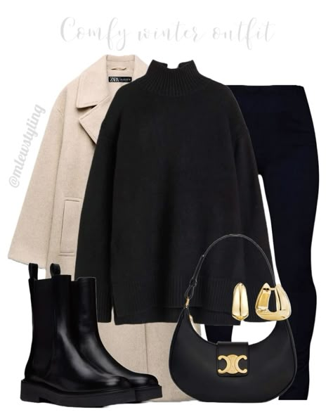 Easy Neutral Outfits, Black Sweater Winter Outfits, Winter Outfit With Black Boots, Winter Outfit Chelsea Boots, Black Chelsea Boots Outfit Winter, Black Sweater Outfit Casual, Winter Outfits With Black Boots, Chelsea Boots Winter Outfit, Black Flat Boots Outfit