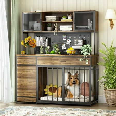 This wooden dog crate furniture has a large tabletop that you can display your cute dog photos. And it equipped with 4 drawers for categorized storage and can hide items from sight and make your home more tidy. The taller one is perfect for grain storage bins. The shelves make all items visible and easy to access. We designed a DIY metal board with holes for this cabinet, you can set some small decorative or storage pieces with magnets or hooks according to your preference or needs. Both mesh doors on the top and the mesh sides can hold small hooks to hang some items.Make your cabinet unique! Discover the Ultimate Space-Saving Solution with our Large Dog Crate Combined with a Powerful Storage Cabinet! This innovative piece of furniture is not only a spacious dog crate but also a versatile Large Dog Crate Furniture, Laundry Garage, Extra Large Dog Crate, Crate Side Table, Kennel Furniture, Garage Storage Cabinet, Wooden Dog Crate, Furniture With Storage, Dog Kennel Furniture