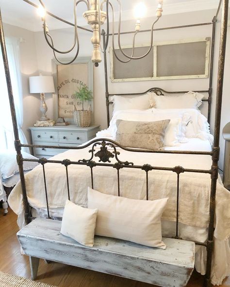 334 Vintage Bedroom Ideas for Your Home Improvement Project This Fall - Page 2 of 14 Farmhouse Rustic Bedroom, Metal Bed Frame Bedroom Ideas, White Night Table, Light Blue Bedding, Rustic Bedroom Ideas, Rustic Farmhouse Bedroom, Vintage Bedroom Ideas, Wrought Iron Beds, Canopy Bed Frame